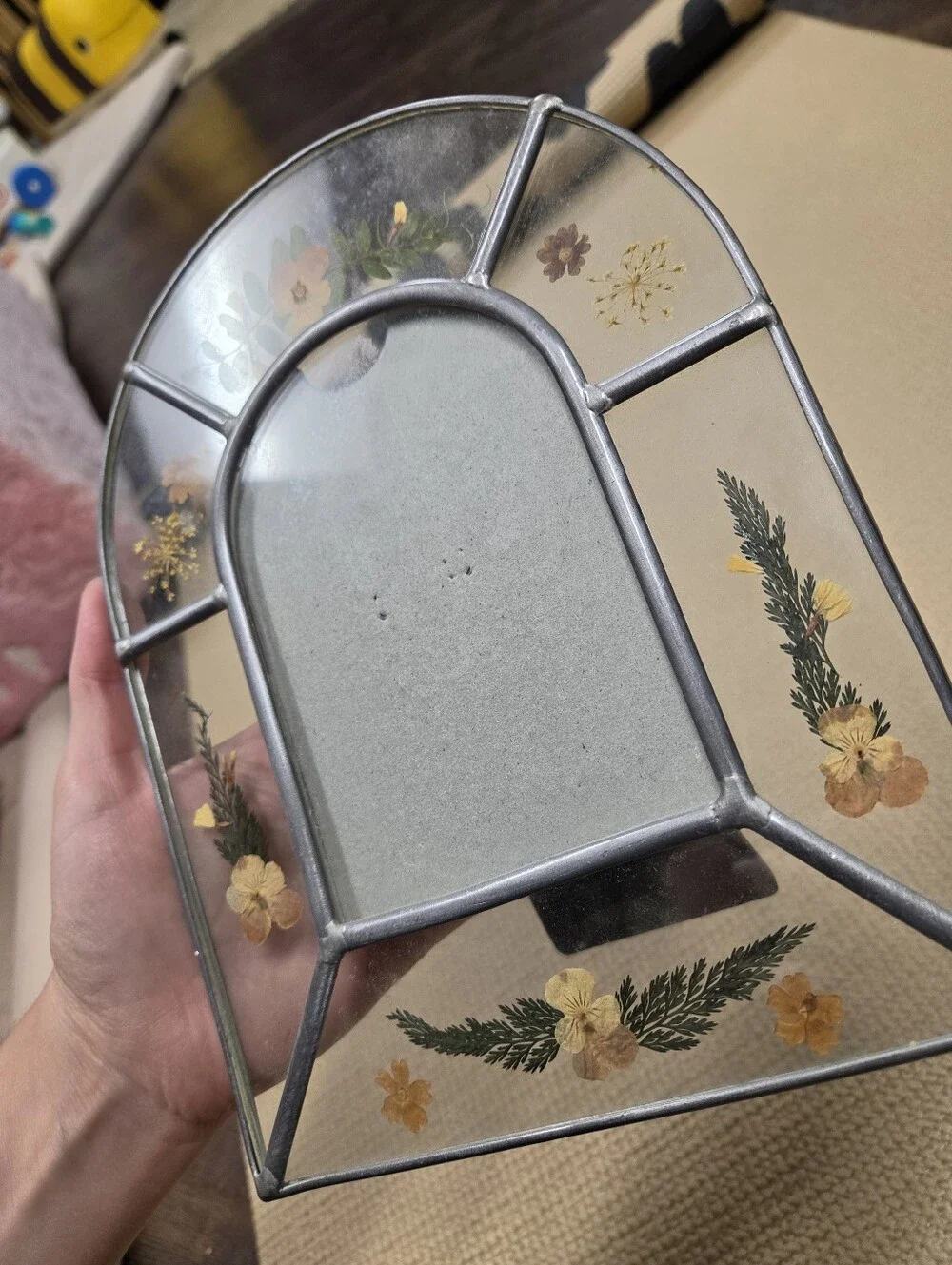 Vintage Pressed Flower Picture Frame Stained Leaded Glass Foil Botanical Arch